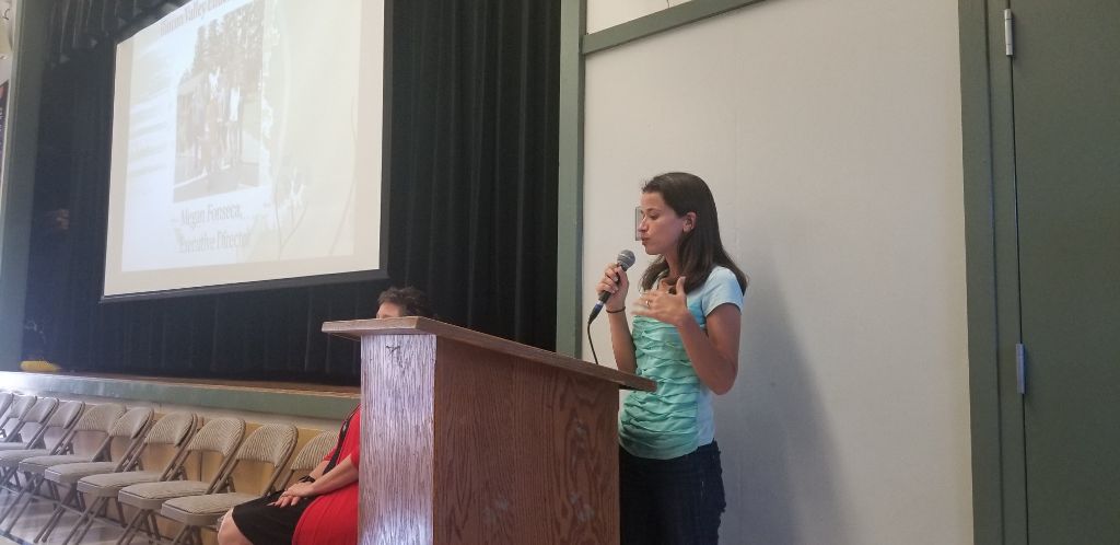 RVEF Executive Director Megan Fonseca speaking at a Back to School Night in 2019.